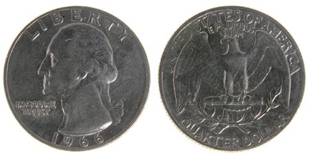 Both sides of an old (1966) US quarter, isolated on a white background.の写真素材