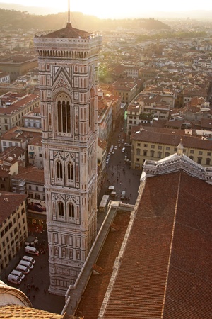 Giotto's Bell Tower shot from the top of Duomo at dusk.  The tower is located in Florence, Tuscany, in Italy.のeditorial素材