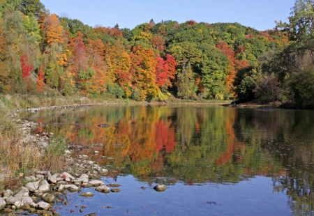 The Grand River with the fall colours reflecting in it.  Shot in Kitchener, Ontario, Canada.の写真素材