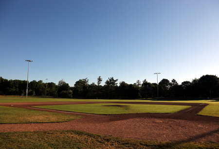 A wide angle view of baseball field shot early in the morning.の写真素材