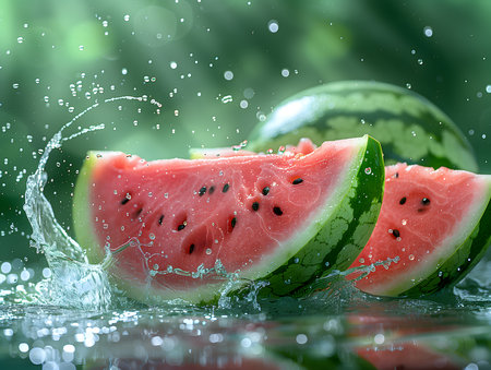 Watermelon and water splashes on a background of green foliage.の素材