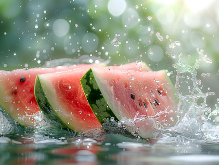 Watermelon with splashes and drops of water on a green backgroundの素材