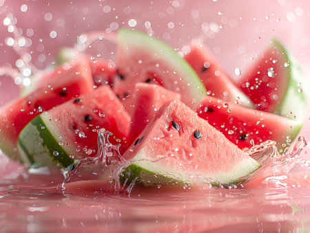 Watermelon slices with water drops and splashes on a pink backgroundの素材