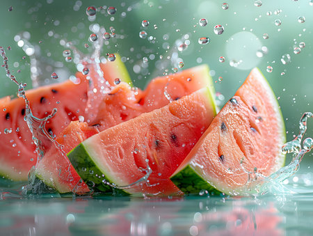 Watermelon with splash and water drops on green background. Fresh fruitの素材