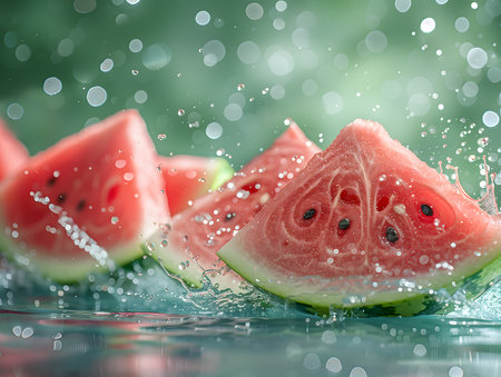 Watermelon slices falling into water with splash and bokeh backgroundの素材