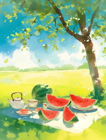 Watermelon and teapot on a background of summer landscape.の素材