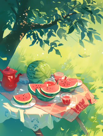 Watermelon on a picnic table in the garden. Vector illustration.の素材