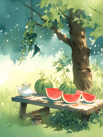 Watermelon and teapot on the table in the forest.の素材