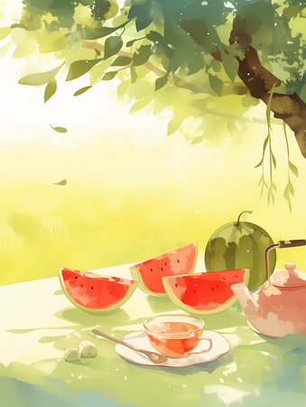 Watermelon and teapot on the table, vector illustration.の素材
