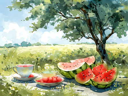 Watermelon and strawberries on the background of a beautiful summer landscape.の素材