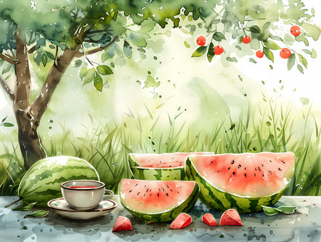Watermelon and cup of coffee on the grass background. Vector illustration.の素材