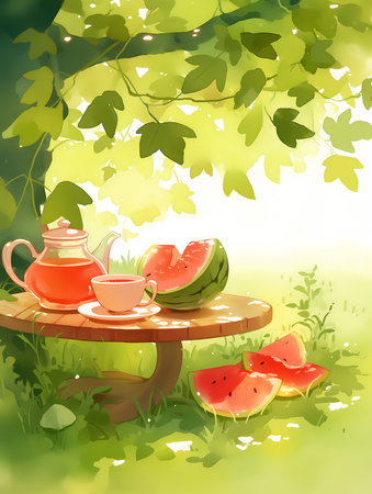 Summer background with teapot, watermelon and cup of teaの素材
