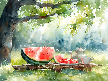 Watermelon and tea on a wooden table in the garden. Vector illustrationの素材