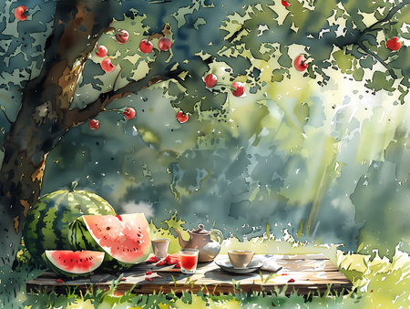 Watermelon and coffee on a wooden table in the garden. Vector illustrationの素材