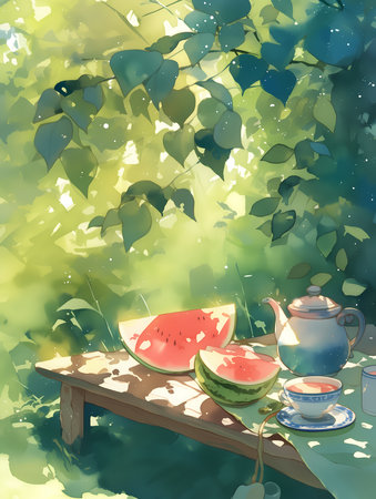 Watermelon and teapot on a wooden table in the forestの素材