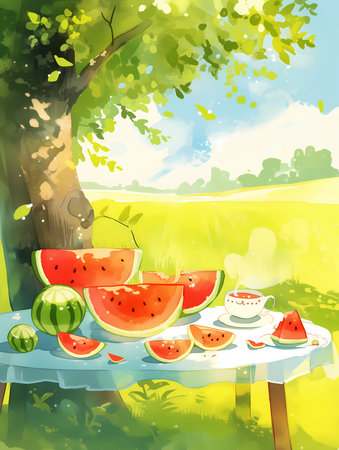 Watermelon and coffee on a table in the countryside. Vector illustration.の素材