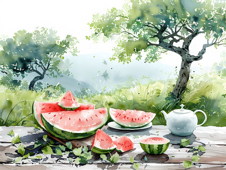 Watermelon on a wooden table in the garden. Vector illustration.の素材