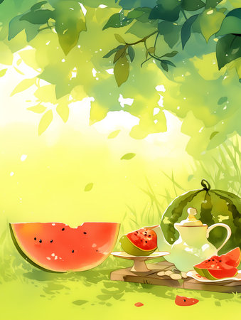 Watermelon background with teapot and teacup vector illustrationの素材