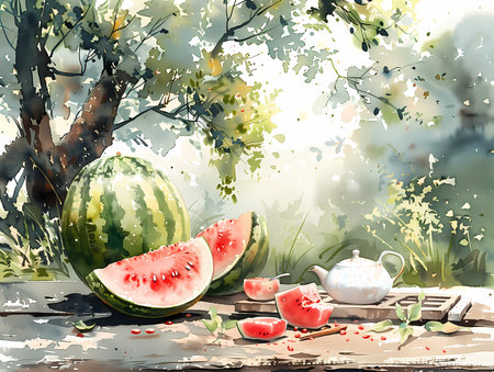 Watermelon and teapot on a wooden table. Watercolor illustrationの素材