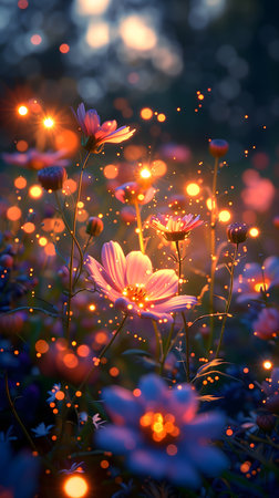 Cosmos flowers in the garden at night with light bokehの素材