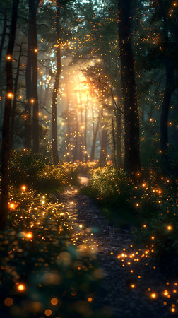 Foggy path in the forest with glowing bokeh lightsの素材