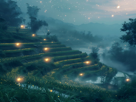 Rice terraces in the mist at sunrise, Bali, Indonesiaの素材