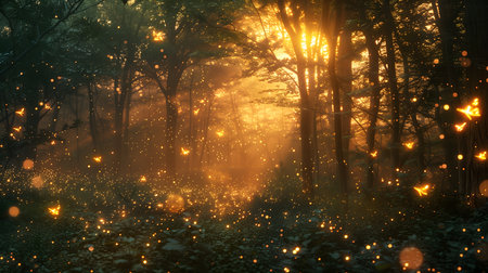Mysterious forest in the mist with glowing lights. Magical atmosphere.の素材