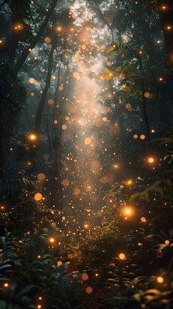 Fantasy forest with fog and light in the night. 3D renderingの素材