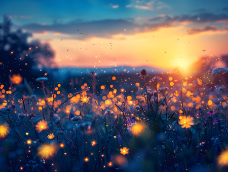 Sunset over the meadow with grass and flowers. Nature backgroundの素材