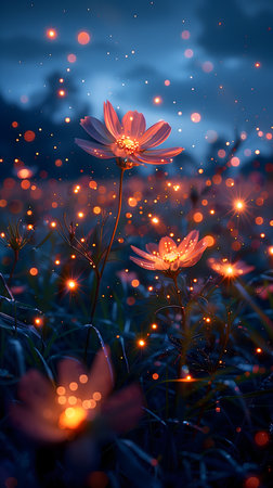 Beautiful cosmos flowers in the field at night. Nature background.の素材