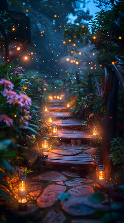 Wooden stairs in the garden decorated with lighted lanterns.の素材