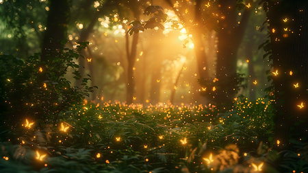 Fantasy forest with magic glowing lights and trees, 3d renderの素材