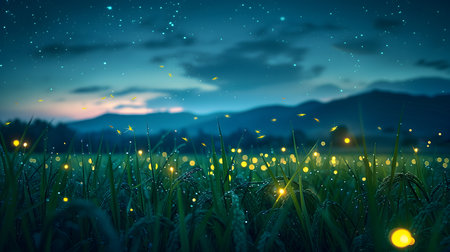 Green rice field at night with bokeh lights and mountain backgroundの素材