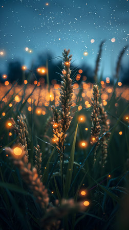 Golden ears of wheat with bokeh lights on the background.の素材