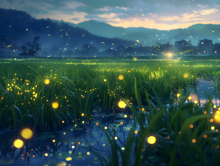 Green rice field in the morning with sunlight and fog. Nature backgroundの素材