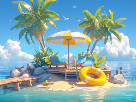 Illustration of a tropical beach with sunbeds and umbrellasの素材