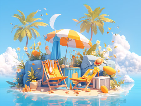 Tropical beach with deck chairs and umbrellas. Vector illustrationの素材