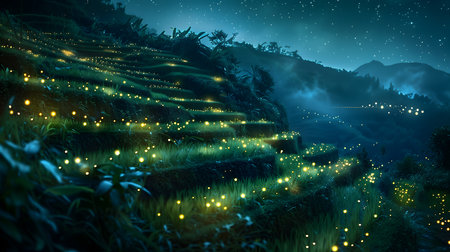 Fantasy green rice terraces in the mountains at night with moonlightの素材