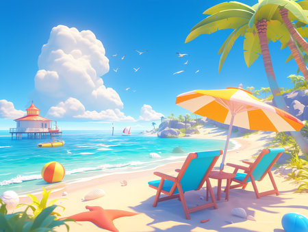 Beach with umbrellas and chaise lounges. Vector illustrationの素材