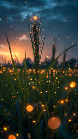 sunset over rice field with dew drops and golden bokehの素材