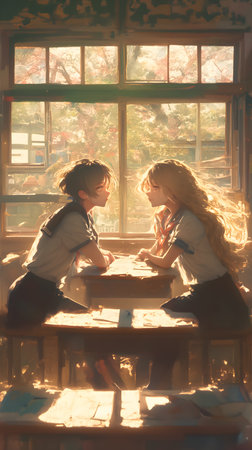 Two young girls sitting at a table in a cafe and looking at each otherの素材