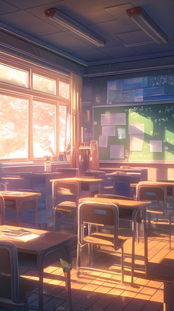 Interior of a school classroom with tables and chairs. 3d renderの素材