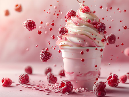 Ice cream with raspberries and falling drops on pink background.の素材