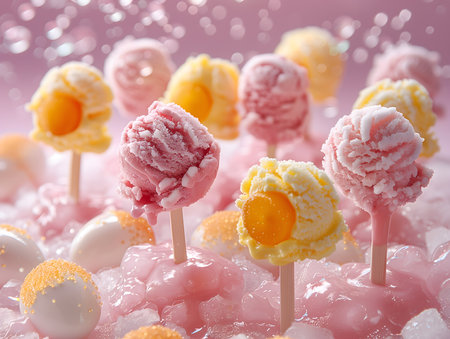 Colorful ice cream on stick, close-up, selective focusの素材