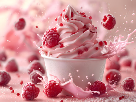 Frozen yogurt with raspberries and milk splash on pink backgroundの素材