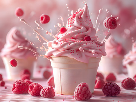 Ice cream with raspberries in a waffle cup on a pink backgroundの素材
