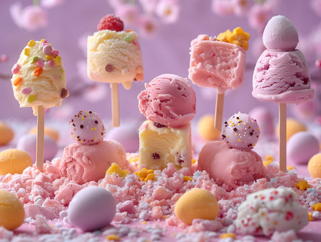 Colorful ice creams with sprinkles on sticks, closeupの素材