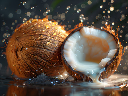 Coconut with splashes of milk on a dark background.の素材