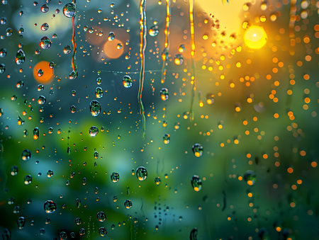 Drops of rain on the window at sunset. Abstract background.の素材