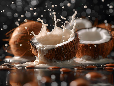 Coconut milk splash on a dark background. Close-up.の素材